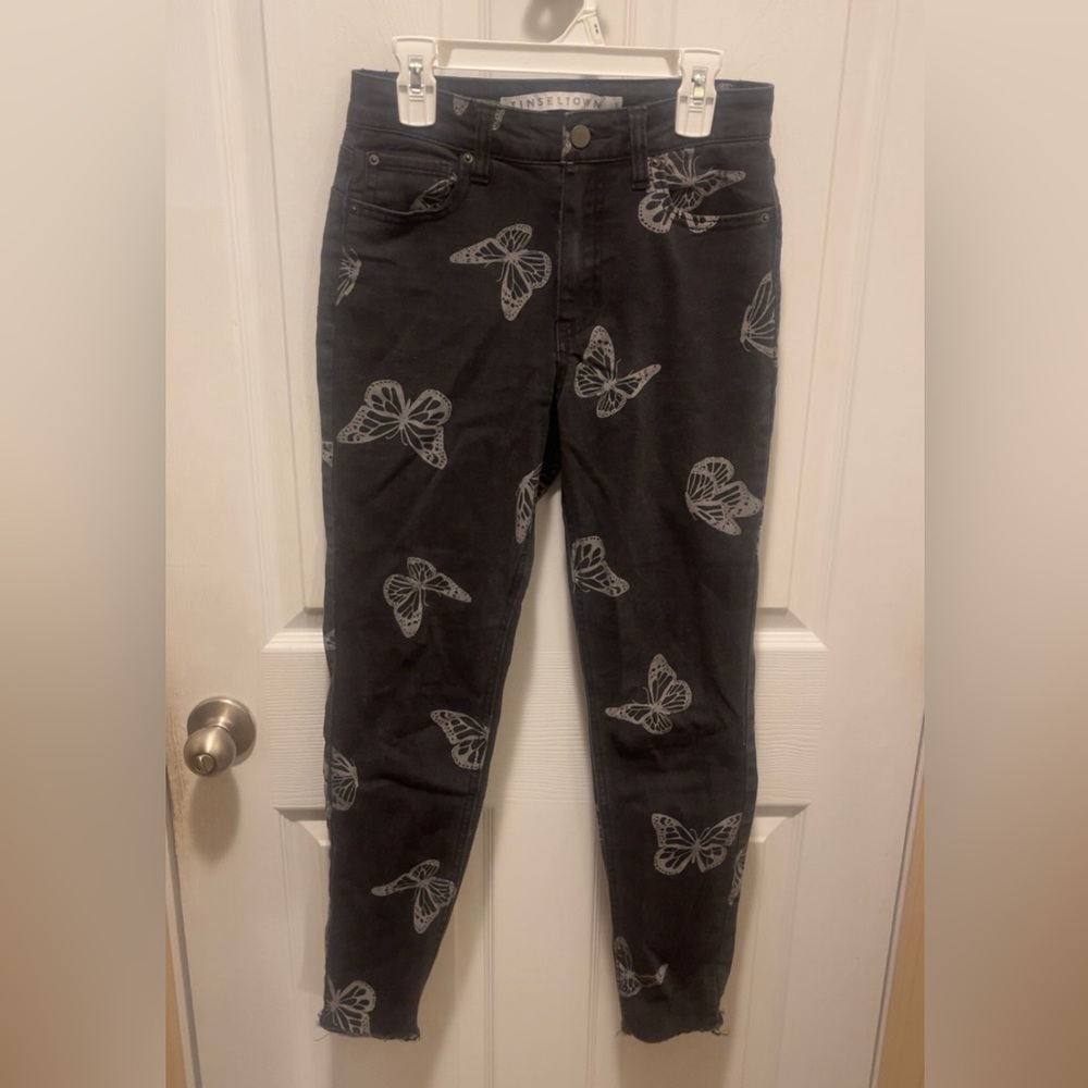 Tinseltown Black and Gray Butterfly Print Skinny Jeans
